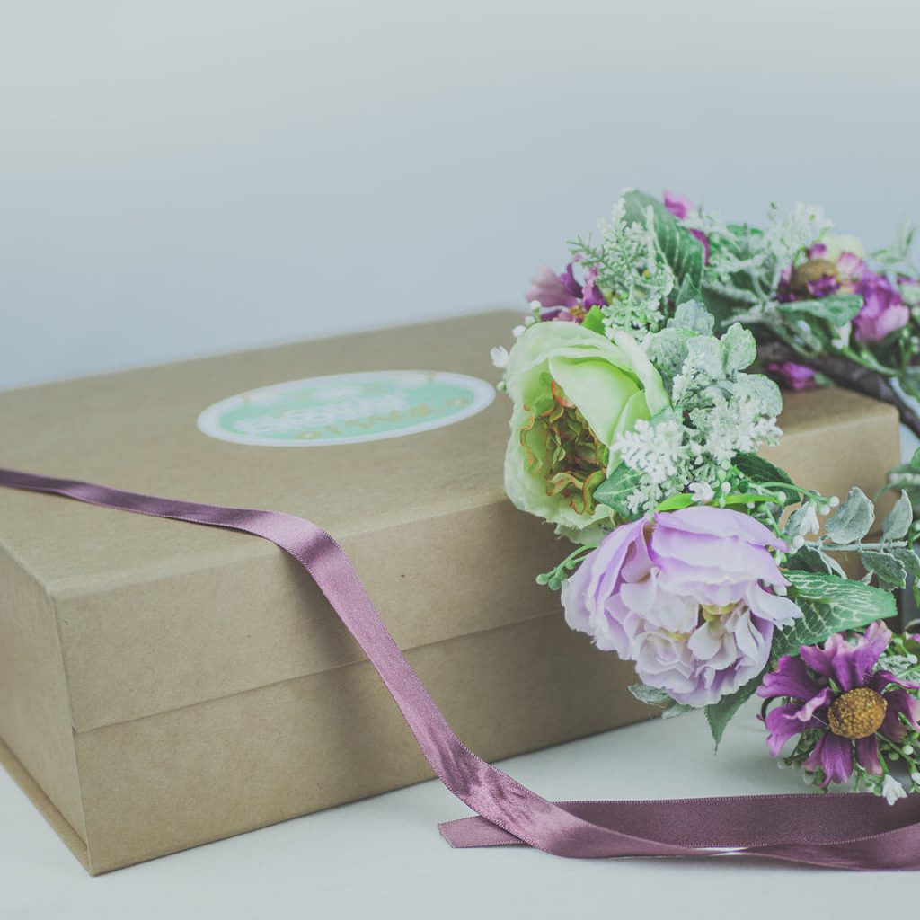 our made to order flower combs and flower crowns arrive in a beautiful keepsake presentation box