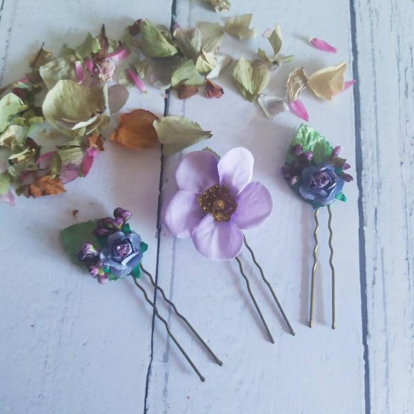 Flower hairpins / Hair Clips - A set of three intricate glitter floral pins, the perfect accessory for loose braided bridal hairstyles - Image 6