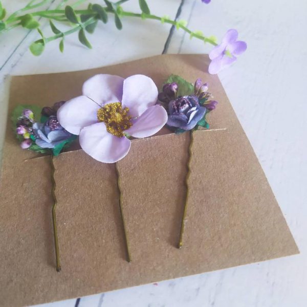 Flower hairpins / Hair Clips - A set of three intricate glitter floral pins, the perfect accessory for loose braided bridal hairstyles - Image 5