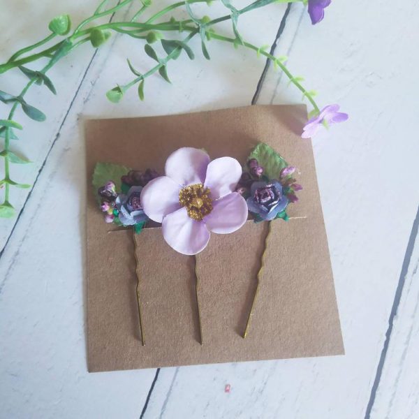 Flower hairpins / Hair Clips - A set of three intricate glitter floral pins, the perfect accessory for loose braided bridal hairstyles - Image 4