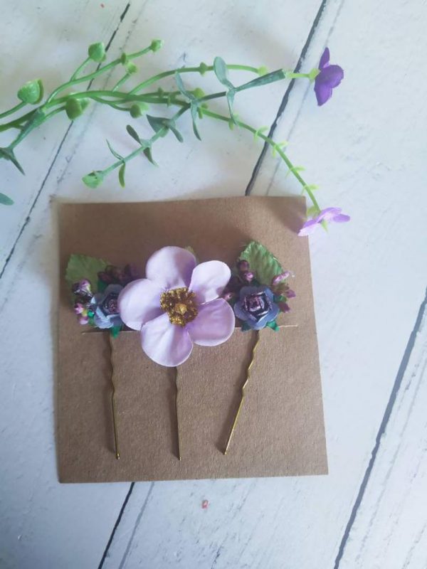 Flower hairpins / Hair Clips - A set of three intricate glitter floral pins, the perfect accessory for loose braided bridal hairstyles - Image 2