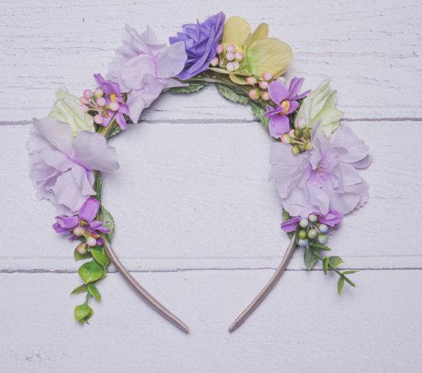 Millie Child's Flower Headband, lilac and lemon faux flower headband, flexible comfortable fit - Image 2