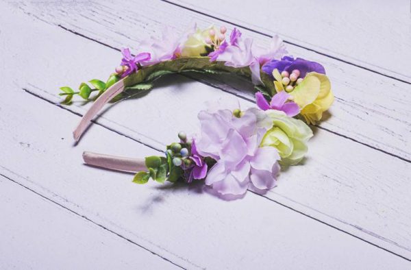 Millie Child's Flower Headband, lilac and lemon faux flower headband, flexible comfortable fit - Image 3