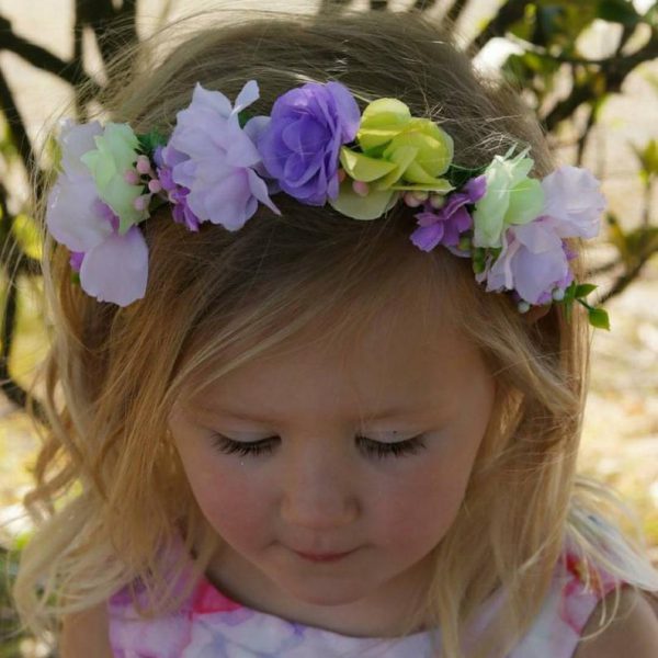 Millie Child's Flower Headband, lilac and lemon faux flower headband, flexible comfortable fit