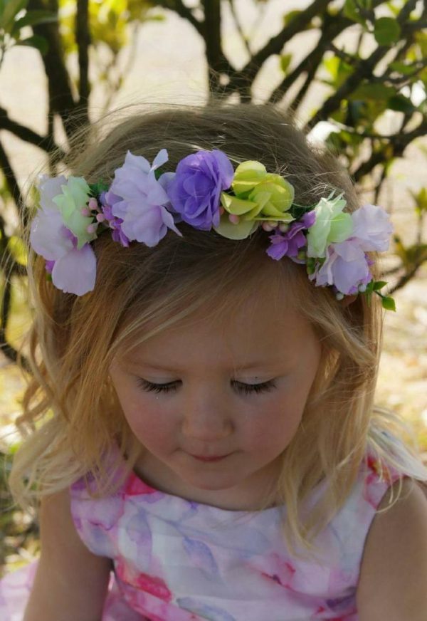 Millie Child's Flower Headband, lilac and lemon faux flower headband, flexible comfortable fit