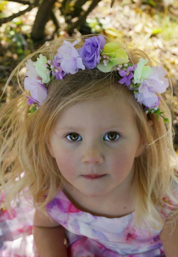 Millie Child's Flower Headband, lilac and lemon faux flower headband, flexible comfortable fit - Image 4