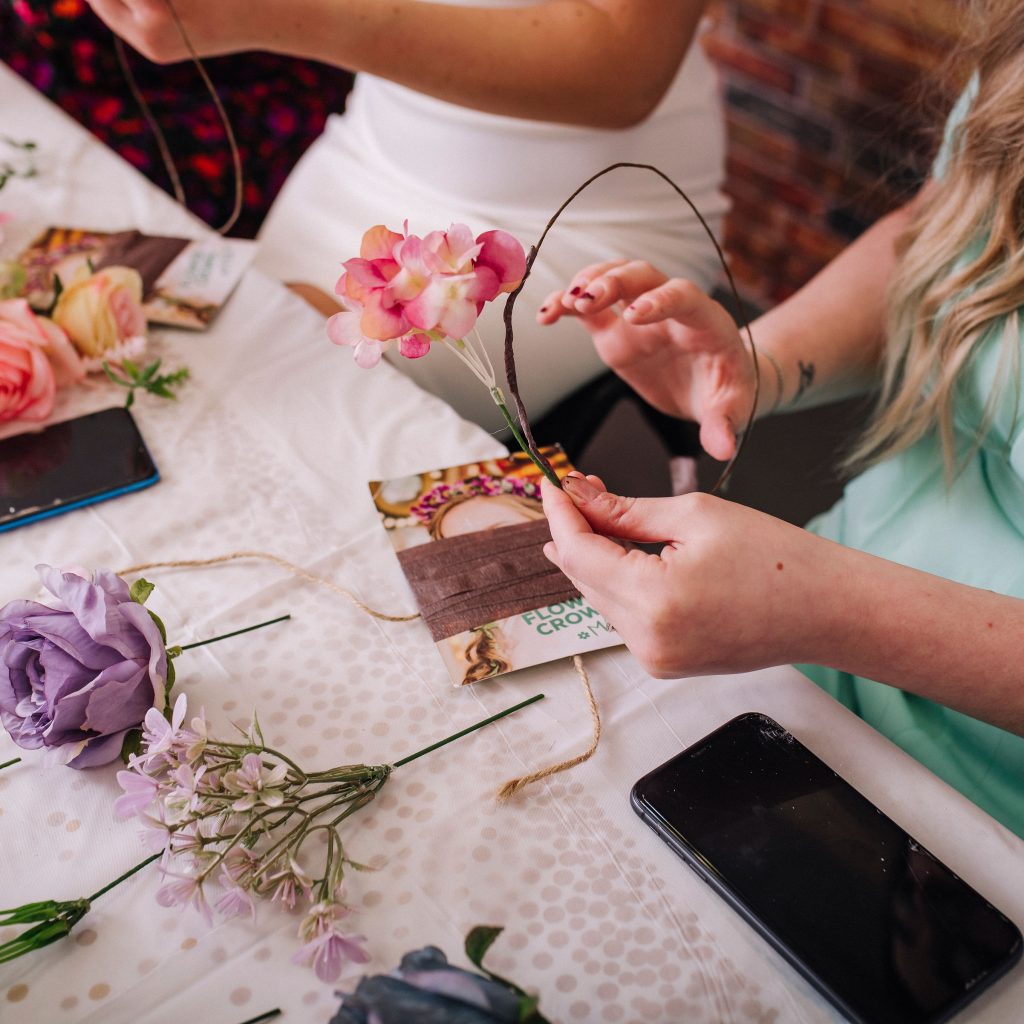 fixing flowers to flower crown ring