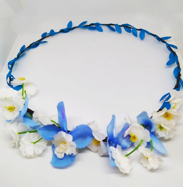 blue and white flower crown