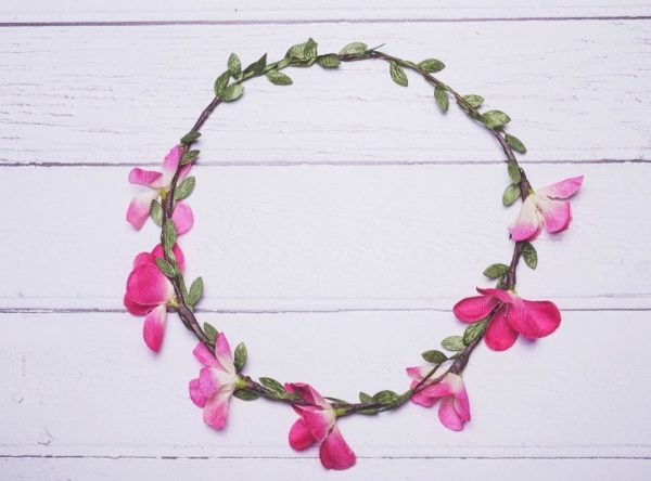 Cerise pink and green adjustable flower crown, delicate flower garland. Perfect for festivals, parties and bridal showers