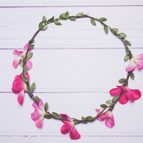 Cerise pink and green adjustable flower crown, delicate flower garland. Perfect for festivals, parties and bridal showers