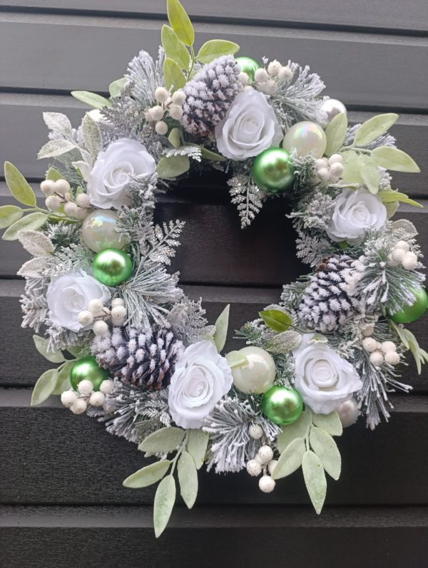 Flocked White, Green and Silver Christmas Wreath - Image 2