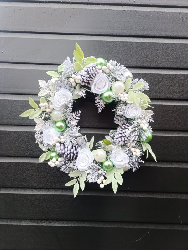 Flocked White, Green and Silver Christmas Wreath - Image 7