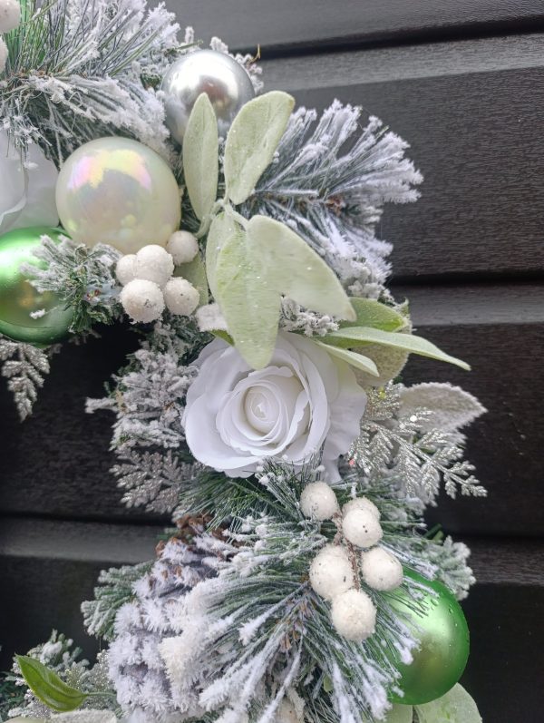 Flocked White, Green and Silver Christmas Wreath - Image 8