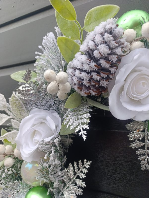 Flocked White, Green and Silver Christmas Wreath - Image 4