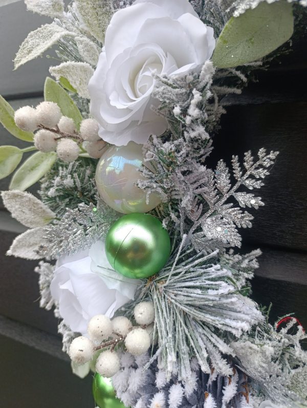 Flocked White, Green and Silver Christmas Wreath - Image 10