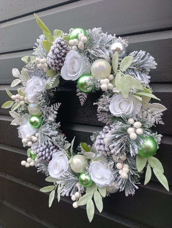 Flocked White, Green and Silver Christmas Wreath - Image 13