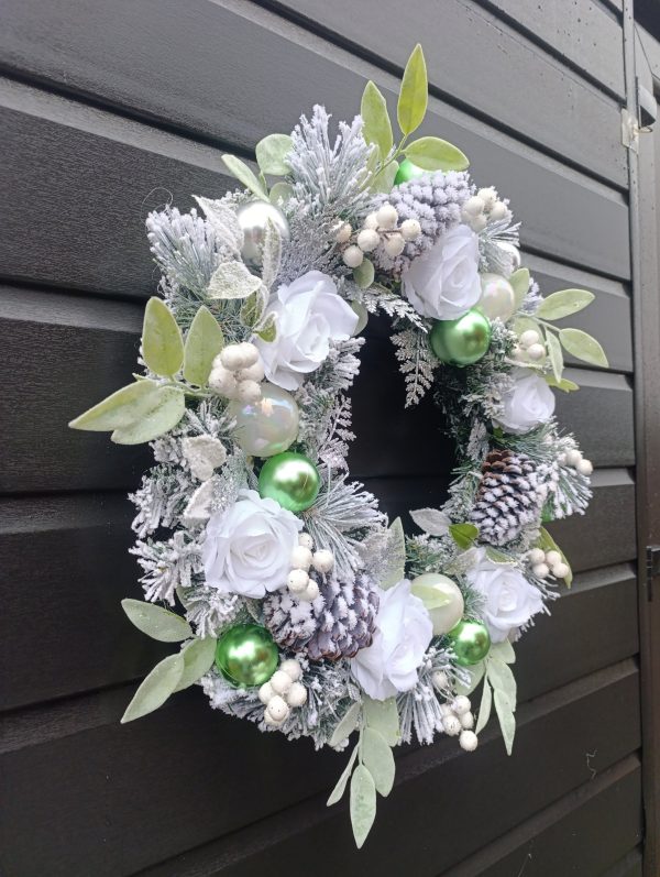 Flocked White, Green and Silver Christmas Wreath - Image 3