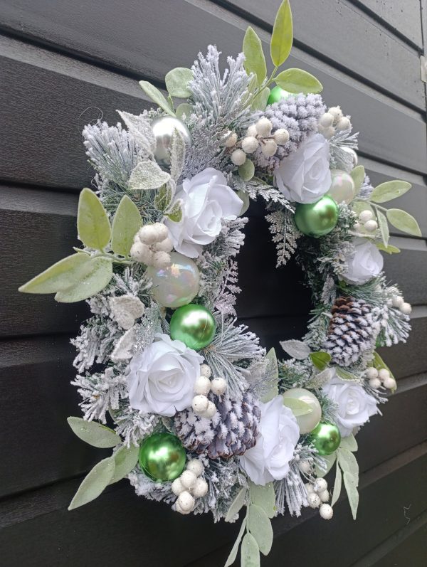 Flocked White, Green and Silver Christmas Wreath - Image 11