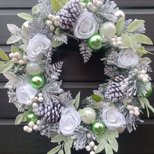 Flocked White, Green and Silver Christmas Wreath
