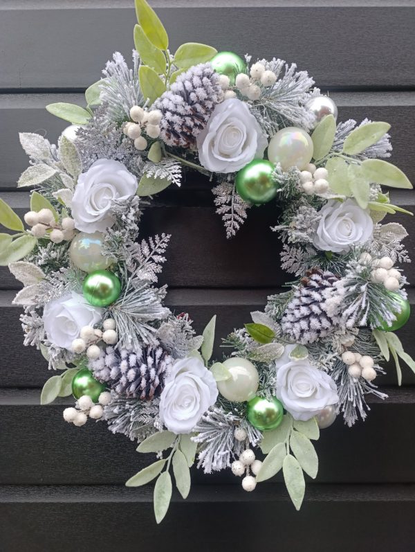 Flocked White, Green and Silver Christmas Wreath