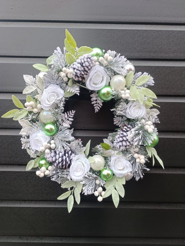 Flocked White, Green and Silver Christmas Wreath - Image 12