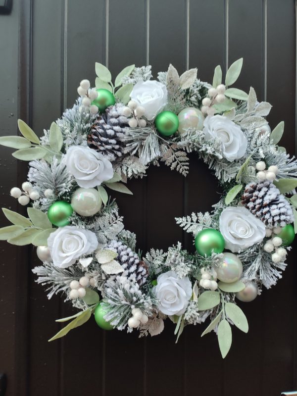 Flocked White, Green and Silver Christmas Wreath - Image 4