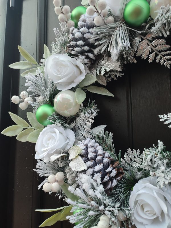 Flocked White, Green and Silver Christmas Wreath - Image 2