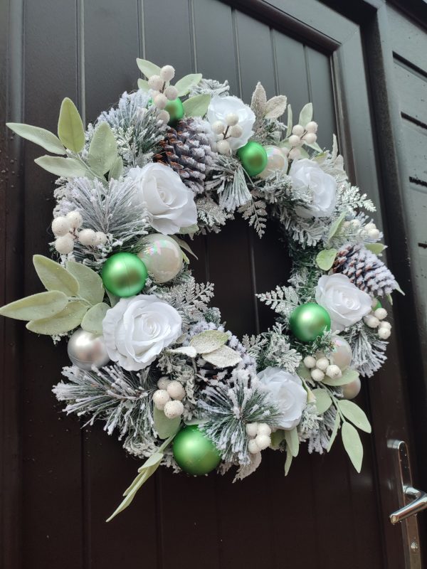 Flocked White, Green and Silver Christmas Wreath - Image 5