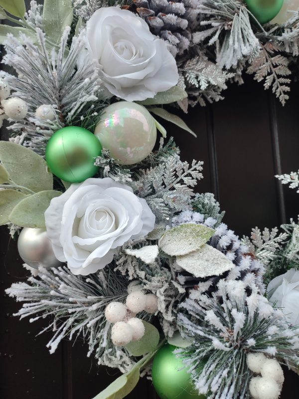 Flocked White, Green and Silver Christmas Wreath - Image 3