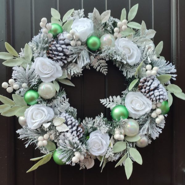 Flocked White, Green and Silver Christmas Wreath