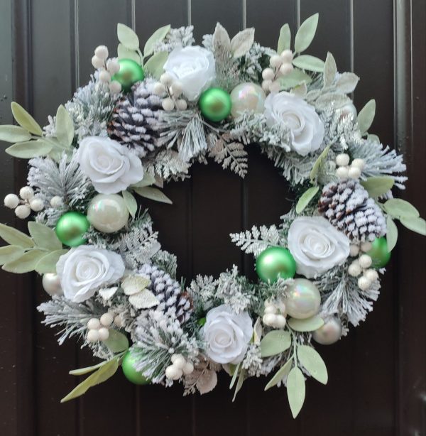 Flocked White, Green and Silver Christmas Wreath