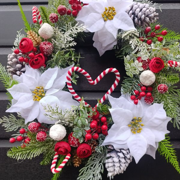 Candy Cane and White Poinsettia Wreath