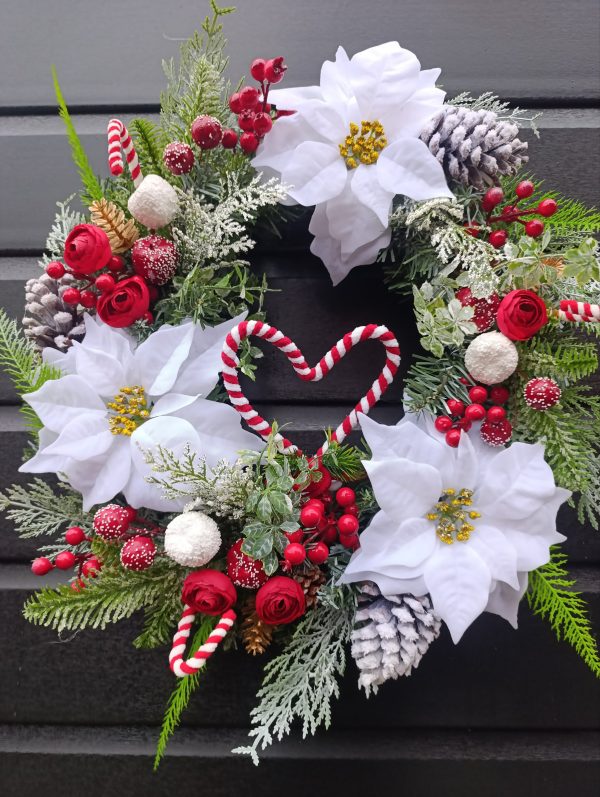 Candy Cane and White Poinsettia Wreath