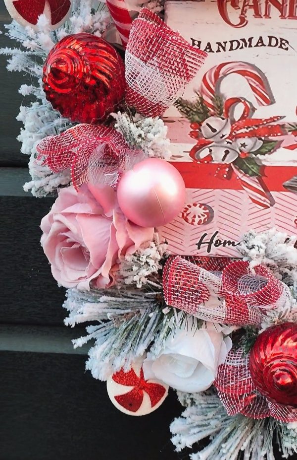 Red and Pink Flocked Candy Cane Lane Christmas Wreath - Image 4