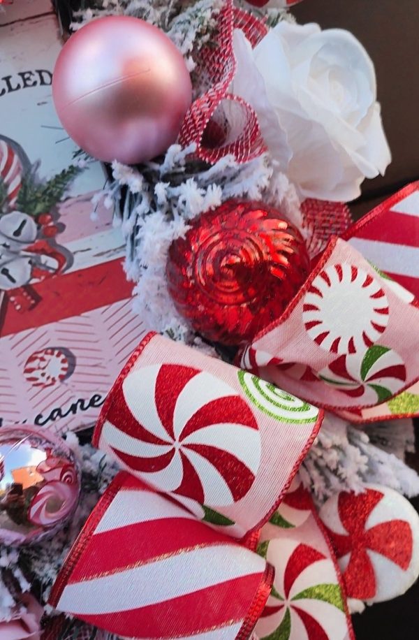 Red and Pink Flocked Candy Cane Lane Christmas Wreath - Image 5