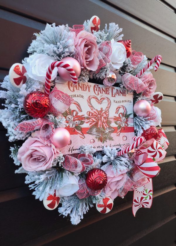 Red and Pink Flocked Candy Cane Lane Christmas Wreath - Image 3