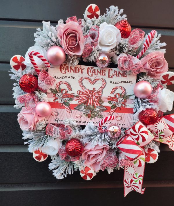Red and Pink Flocked Candy Cane Lane Christmas Wreath - Image 2