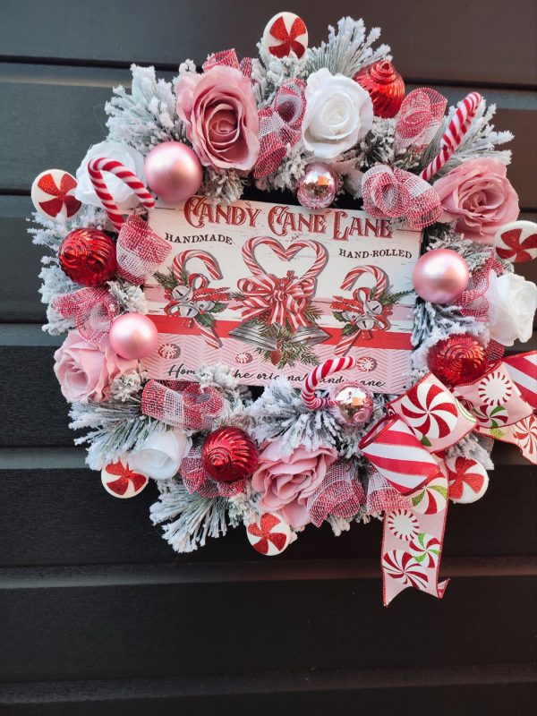 Red and Pink Flocked Candy Cane Lane Christmas Wreath - Image 6