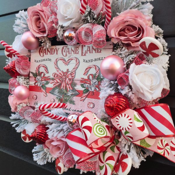 Red and Pink Flocked Candy Cane Lane Christmas Wreath