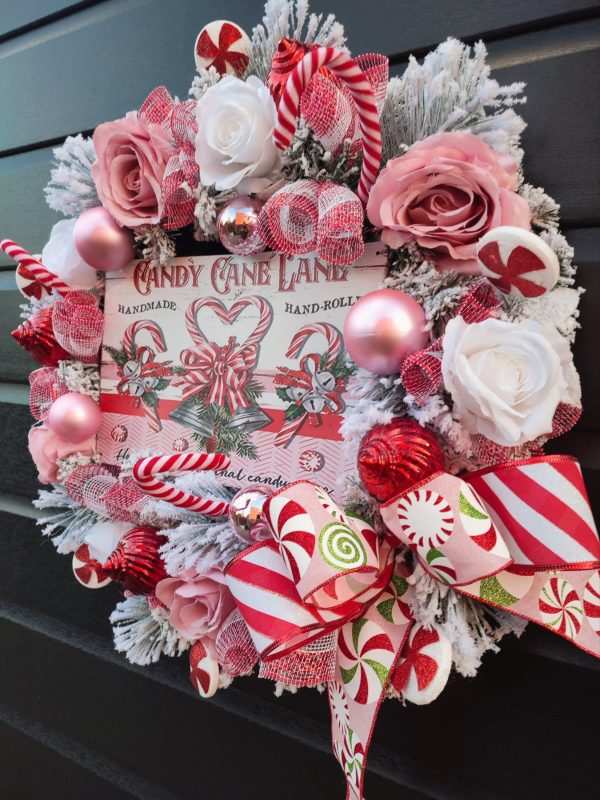 Red and Pink Flocked Candy Cane Lane Christmas Wreath