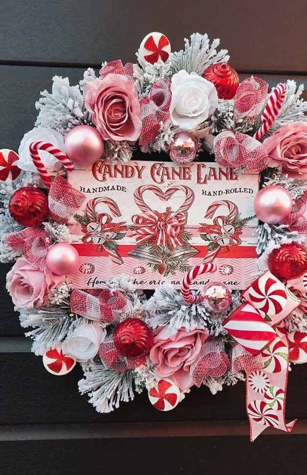 Red and Pink Flocked Candy Cane Lane Christmas Wreath - Image 7