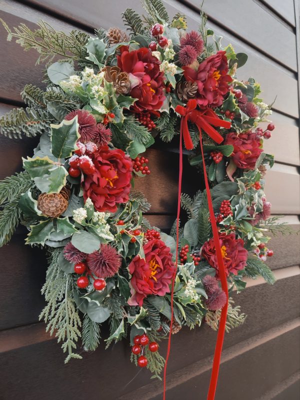 Traditional style faux Christmas wreath with red ranunculus flowers - Image 3
