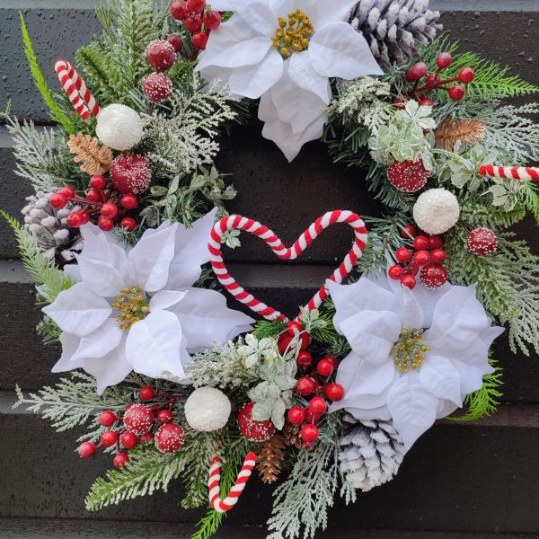 Candy Cane and White Poinsettia Wreath