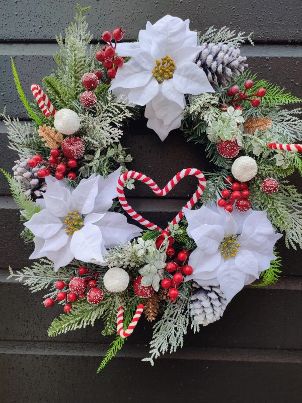 Candy Cane and White Poinsettia Wreath