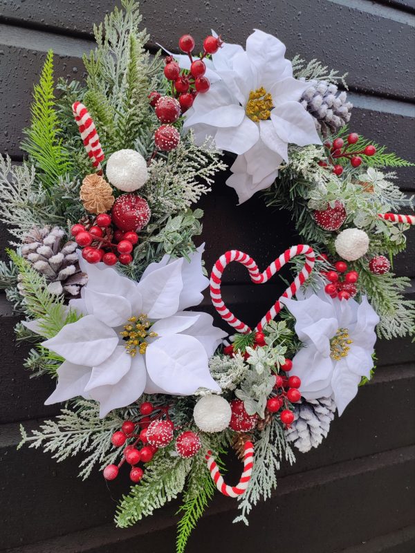 Candy Cane and White Poinsettia Wreath - Image 3