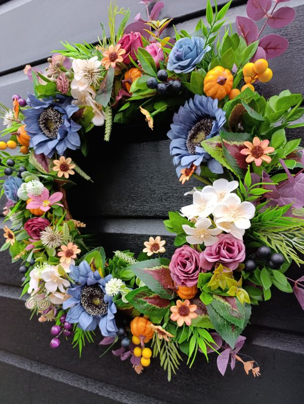 Handmade Autumn Door Wreath with Flowers and Pumpkins - Image 5