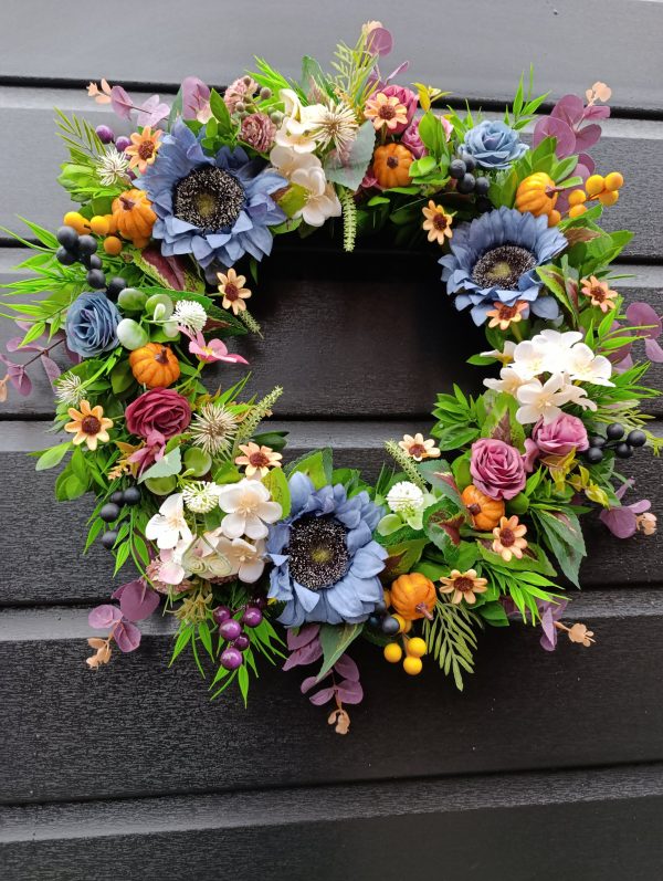 Handmade Autumn Door Wreath with Flowers and Pumpkins - Image 8
