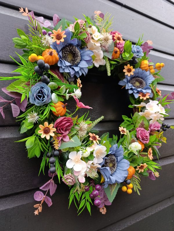 Handmade Autumn Door Wreath with Flowers and Pumpkins - Image 2