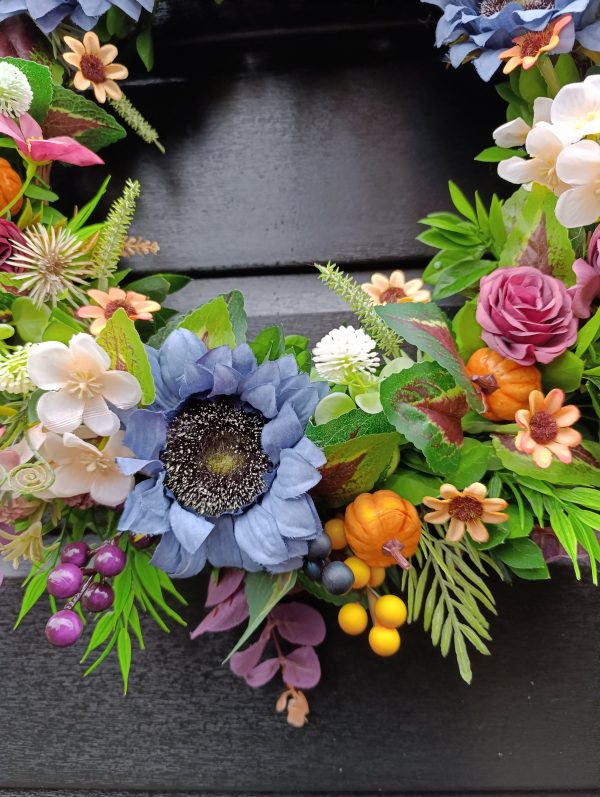 Handmade Autumn Door Wreath with Flowers and Pumpkins - Image 3