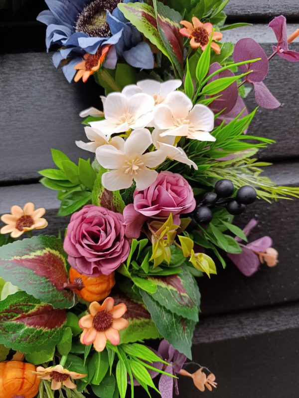 Handmade Autumn Door Wreath with Flowers and Pumpkins - Image 9